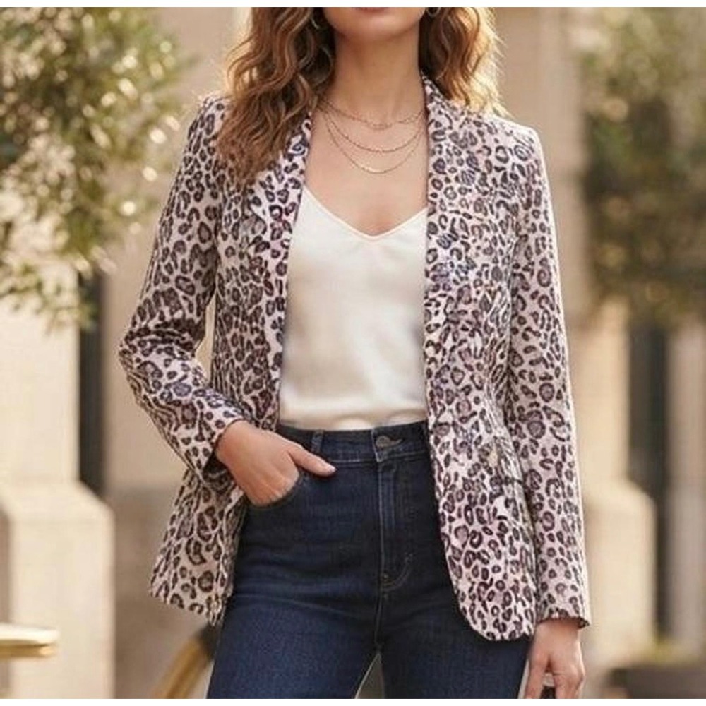 Rachel Zoe Blazer Women Large Gray Leopard Print Linen Blend Notch Lapel NWT